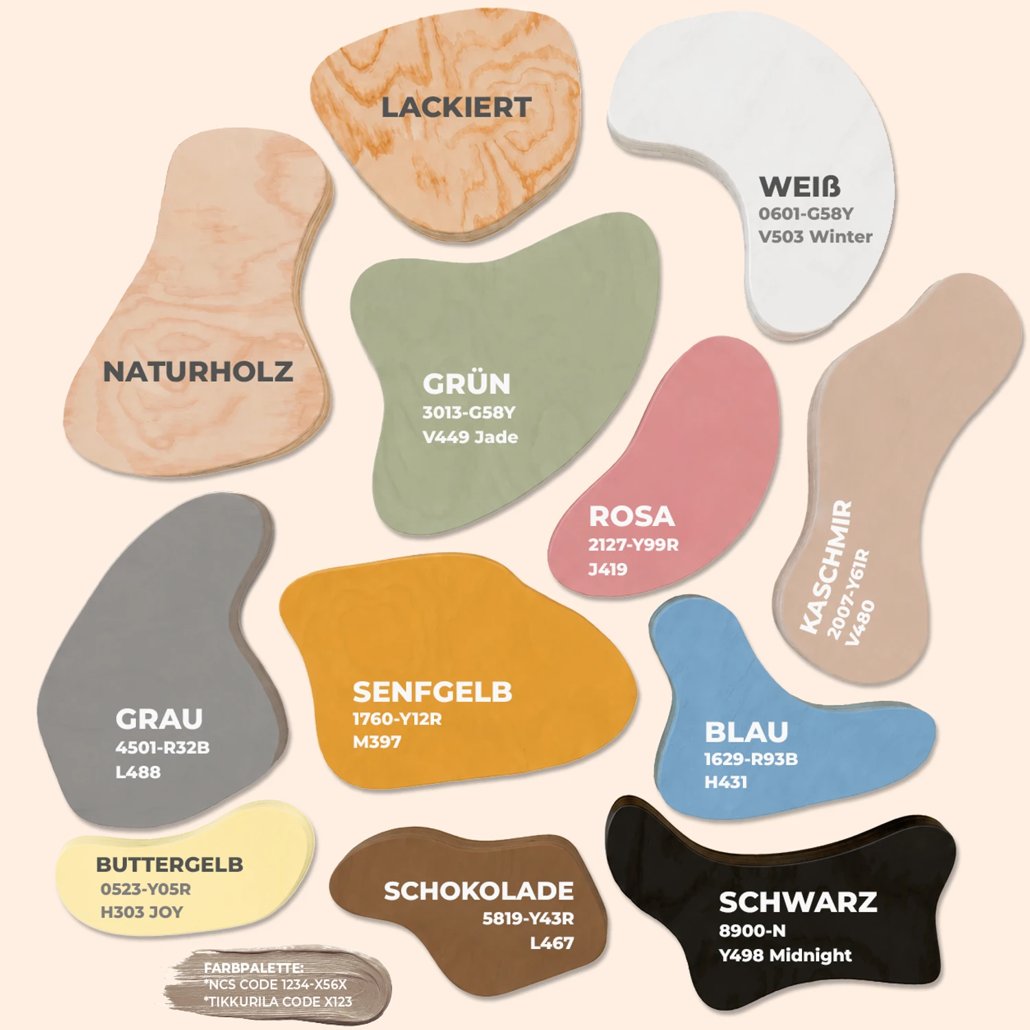 Farbpalette: natur lackiert weiß kaschmir senf rosa grün blau schokolade grau und schwarz